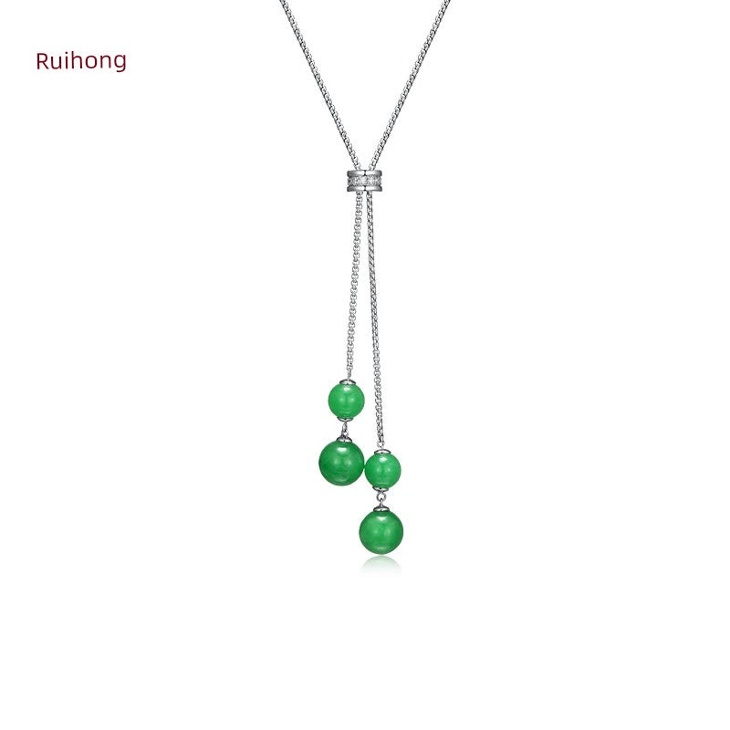 Ruihong Chinese Style Adjustable Long Jade Necklace Fancy Special-Interest Design Sweater Chain Female Fall and Winter Emerald green(Dark Fragrant Shadow sweater chain)