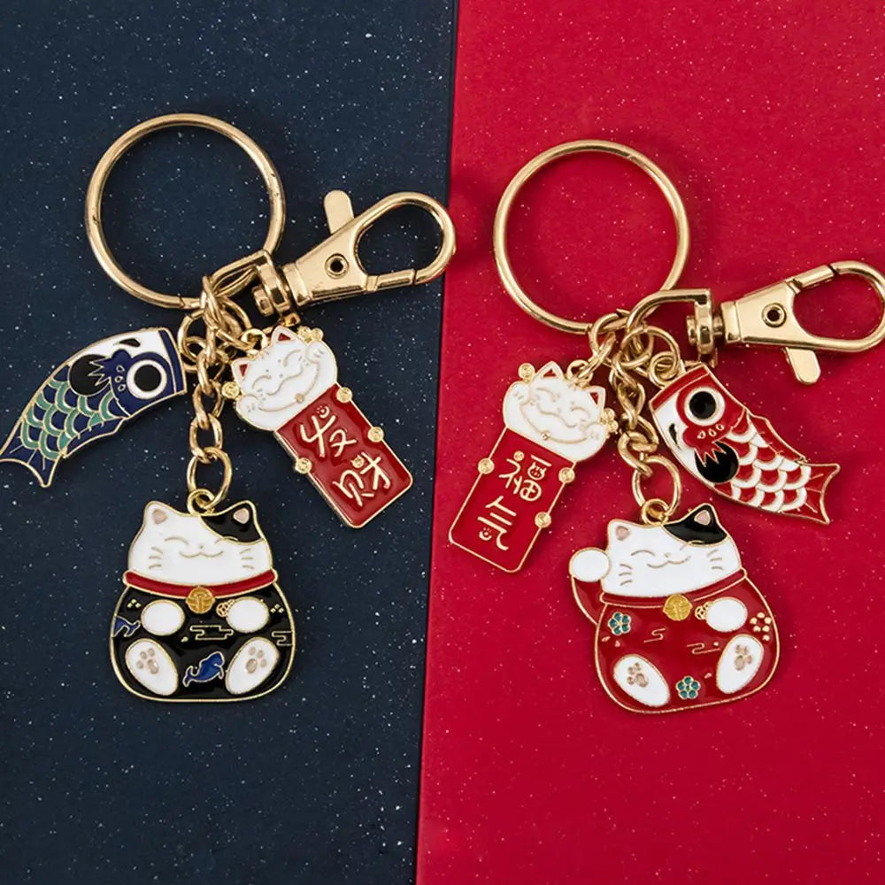 Japanese Style Maneki Neko Keychain Carp Streamer Key Chain For Women Metal Lucky Key Chains Car Bag Pendent