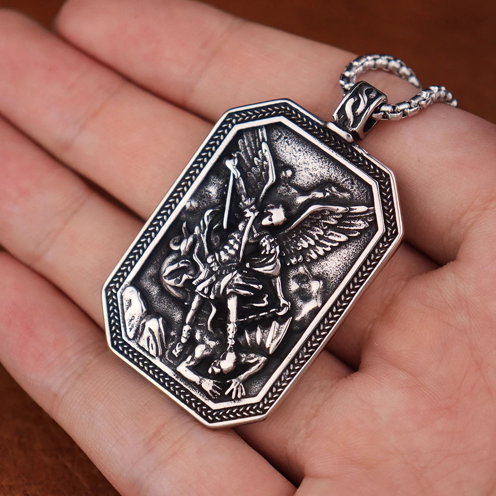 Vintage Angel St.Michael Men Pendant Stainless Steel Unique Angel Wings Shield Necklace Amulet Fashion Male Jewelry Dropshipping