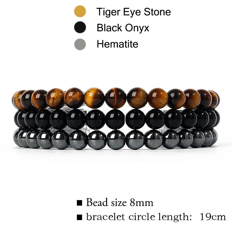 kirykle Natural Stone Bracelet Sets 3Pcs/set Obsidian Hematite Tiger Eye Beads Bracelets Men for Health Protection Soul Jewelry 11 18.5cm 8mm Beads