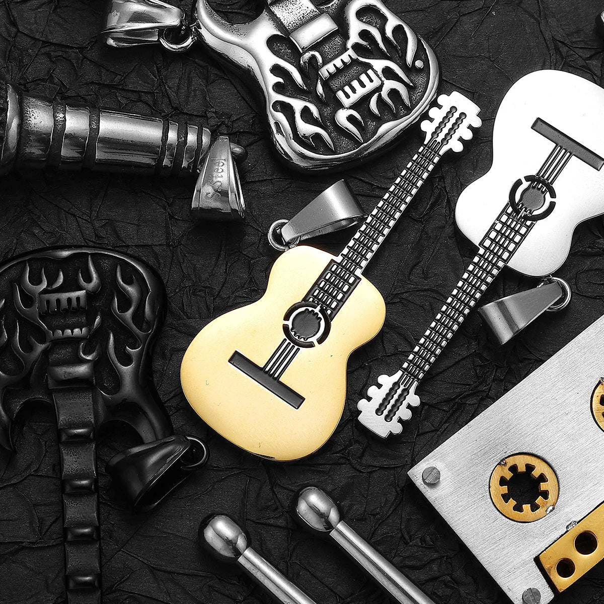 Musical Instrument Guitar Tape Stainless Steel Men Necklaces Pendant Chain Punk Rock Hiphop Women Fashion Jewelry Gift Wholesale