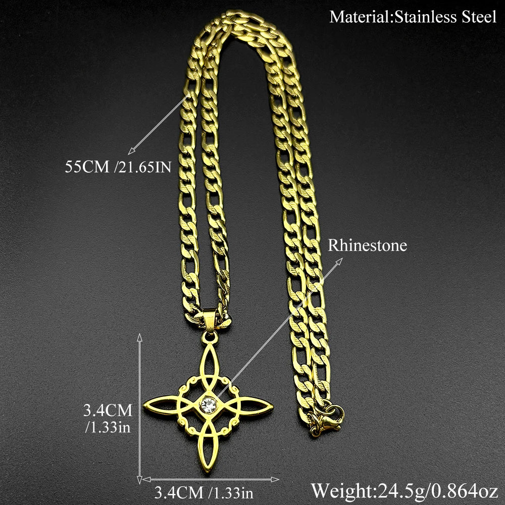 Stainless Steel Witch Knot Pendant Necklace for Women Men Gold Silver Color Rhinestone Wicca Pagan Chain Amulet Lucky Jewelry