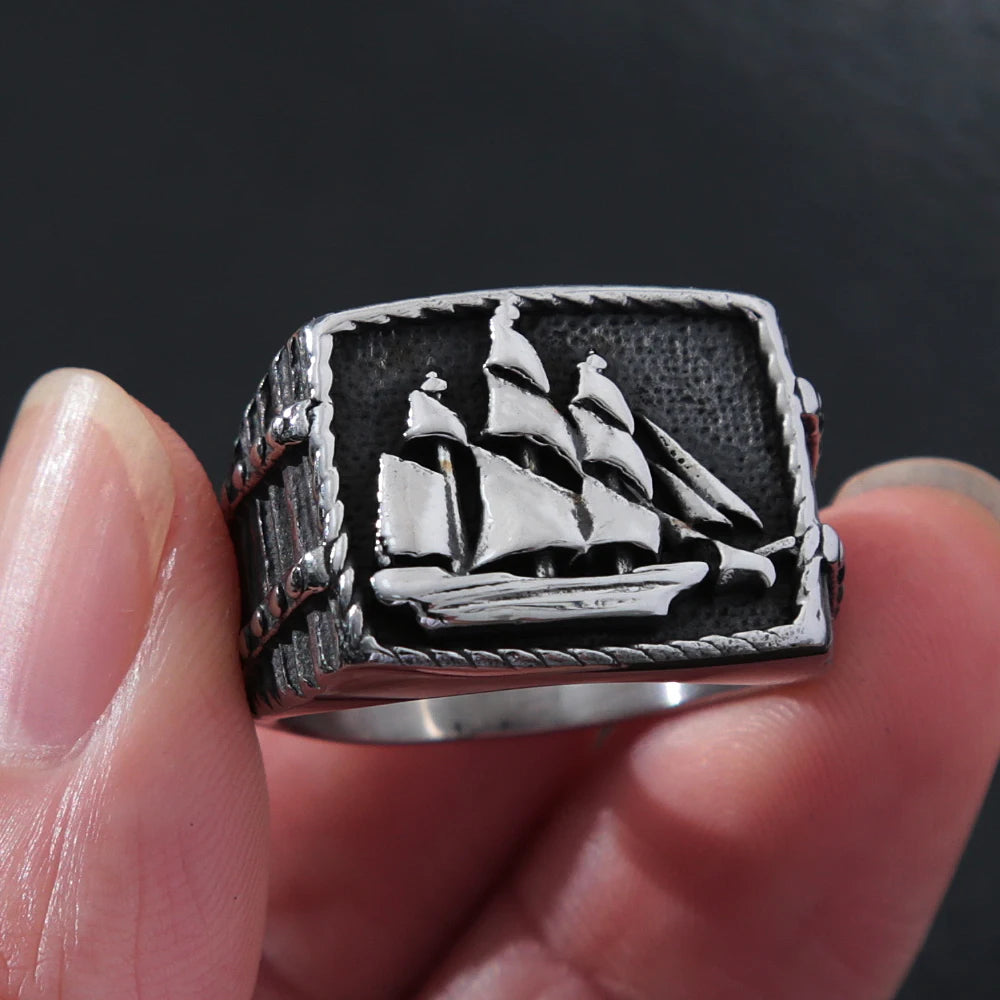 Vintage Gothic Sailboat Rings For Men Sailing Stainless Steel Viking Ring Talisman Men's Ring Cool Sailor Viking Accessories Red