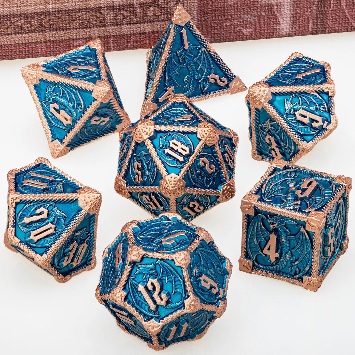 Metal DND Dice Dungeon and Dragon D&D Polyhedral Dice RPG D and D Dragon Dice Set Role Playing Games D20 D12 D10 D8 D6 Copper Blue