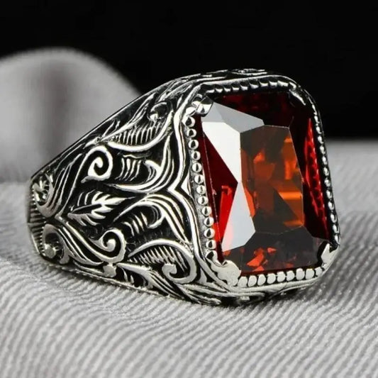 Retro Turkish Handmade Men Ring Vintage Carved Pattern Red Synthetic Zircon Rings Rock Punk Islamic Muslim Wedding Jewelry