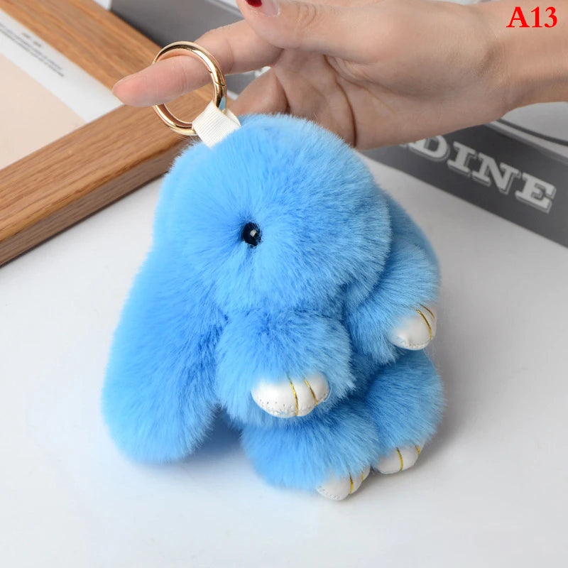 Rabbit Keychain Ring Fluffy Real Fur Pompon Bunny Trinket Key Chain Charm Cute Key Ring On Bag Car Key Pendant Sky blue