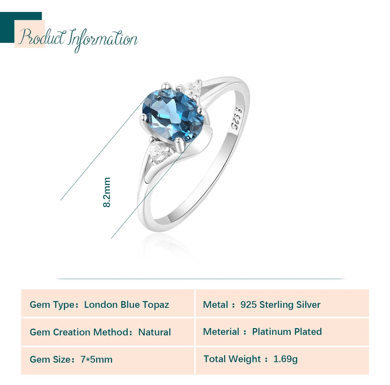 Potiy Genuine Natural Oval London Blue Topaz 925 Sterling Silver Solitaire Ring for Woman Fashion Gemstone Fine Jewelry Wedding