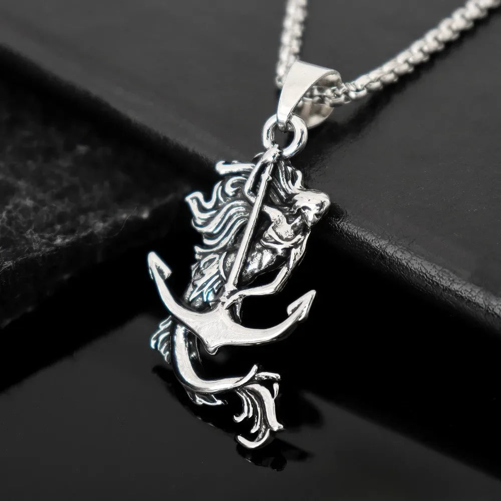 New Vintage Mermaid Anchor Pendant Charm Men's Necklace Fashion Hip Hop Punk Jewelry Accessories Party Gift Wholesale