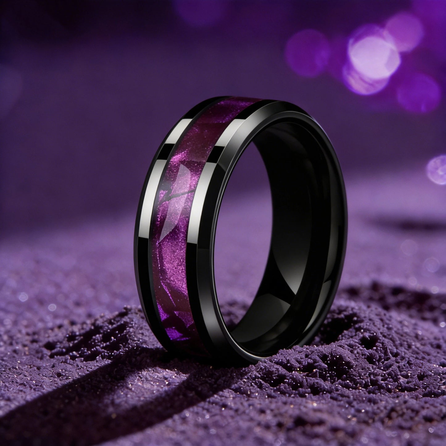Fashion 8mm Stainless Steel Rings for Men Women, High Polished Purple Abalone Shell Inlay Ring, Men Wedding Party Jewelry