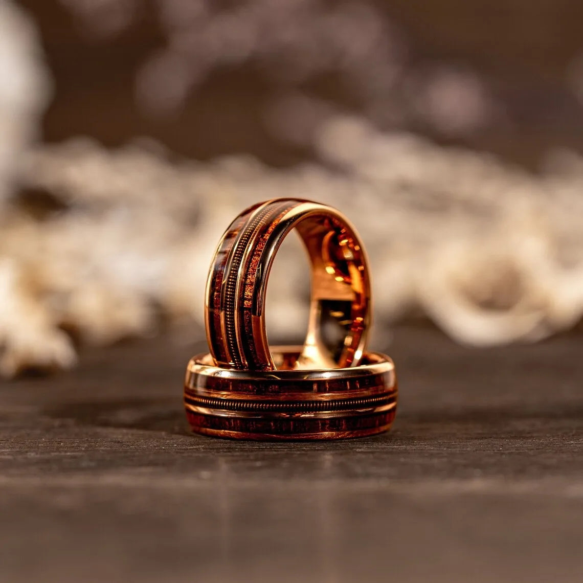 Fashion 8mm Rose Gold Color Stainless Steel Guitar string Rings for Men Inlay Hawaiian koa wood Rings Wedding Band Jewelry Gifts