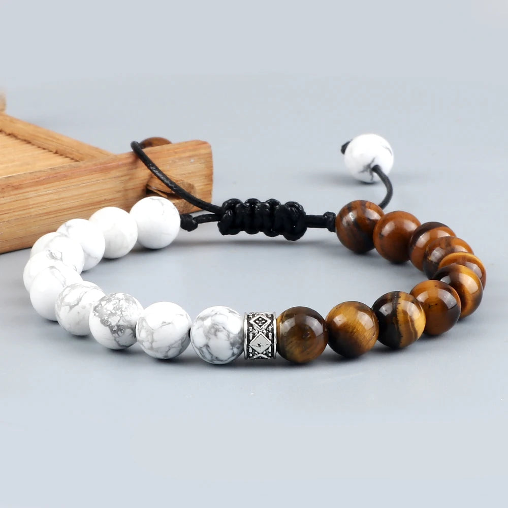 Fashion Black White Beaded Bracelets For Men 8mm Natural White Howlite Stone Beads Bracelet Women Meditation Prayer Jewelry Gift