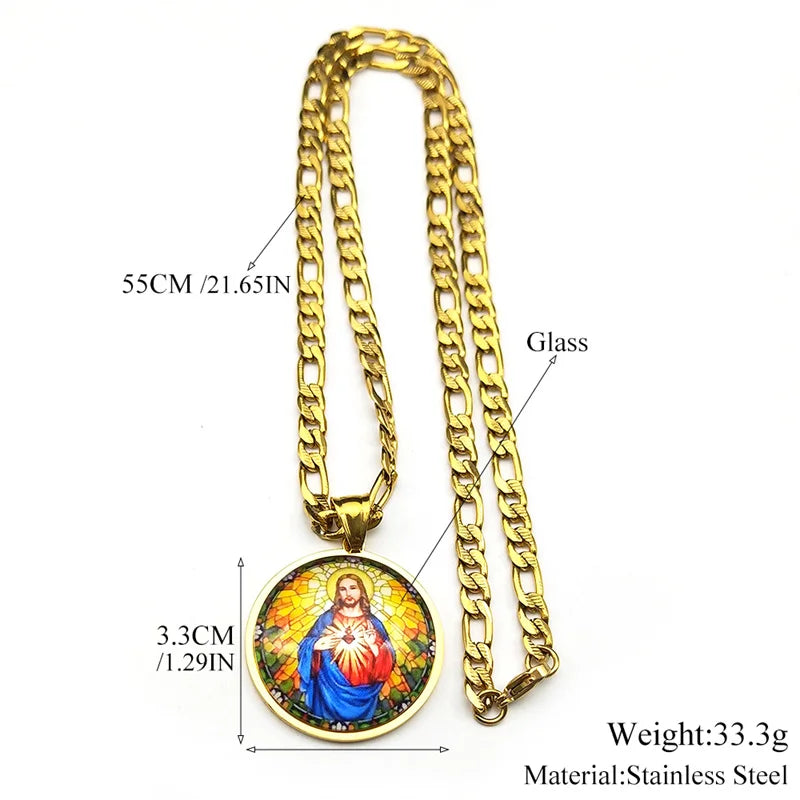 Sacred Heart of Jesus Medal Round Pendant Necklace for Women Men Stainless Steel Christian Talisman Protection Religious Jewelry