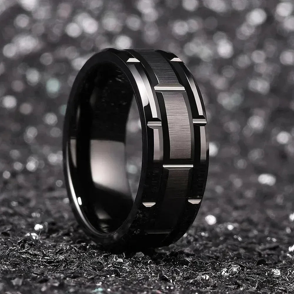 Fashion 8mm Titanium Wedding Rings For Men Black Brushed Brick Pattern Men Stainless Steel Rings Wedding Jewelry Wholesale