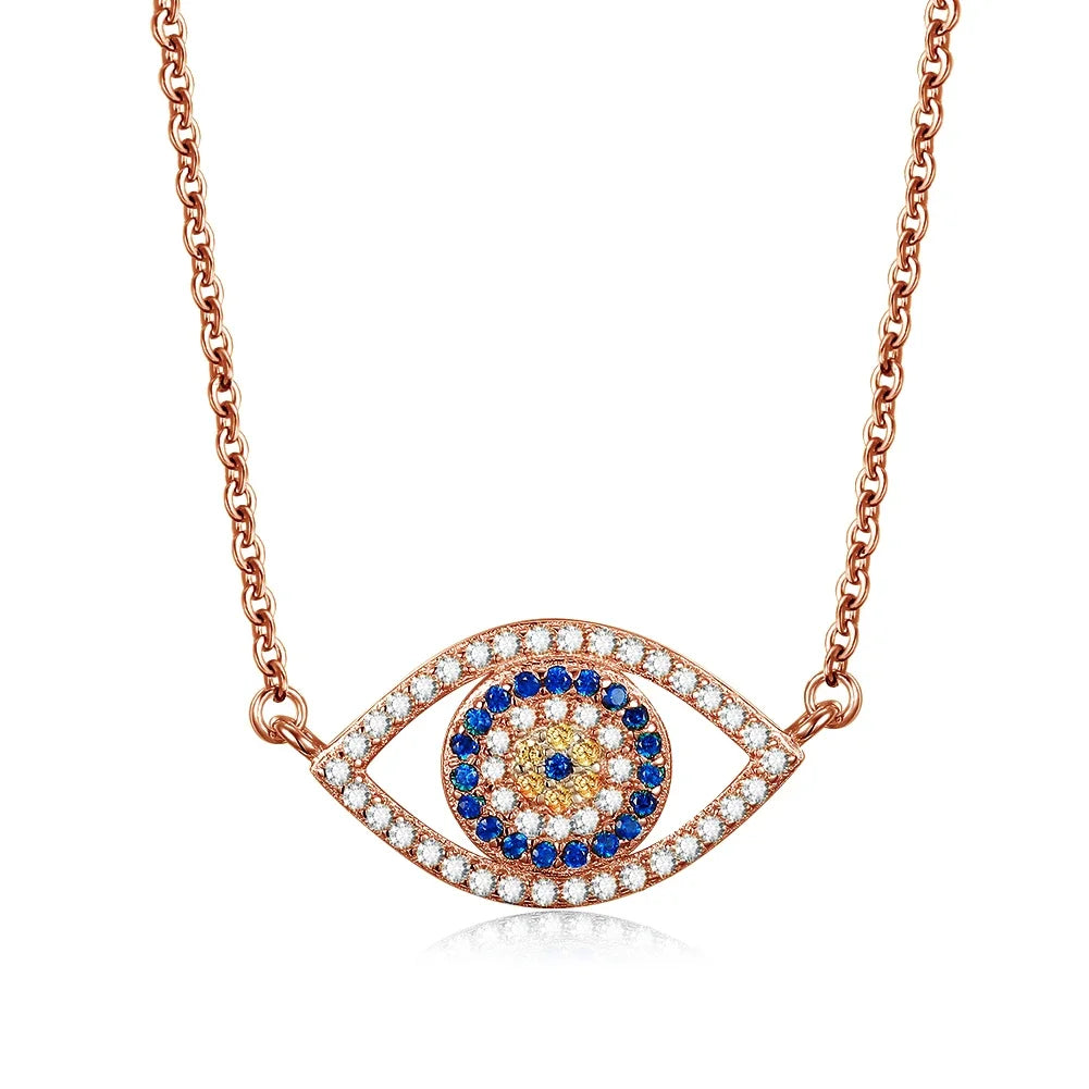 Kaletine Authentic 925 Sterling Silver Evil Eye Necklace Lucky Blue Eyes Punk Pendant Necklaces for Women Collares Fine Jewelry Rose Gold Color