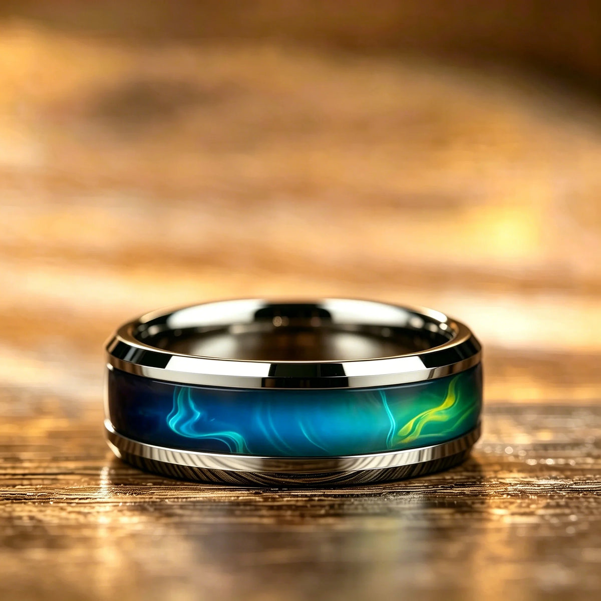 With Blue-Green Gradient Nebula Pattern Rings, 8mm Cosmic Starry Sky Stainless Steel Men Ring, Wedding Band Jewelry Drop Ship