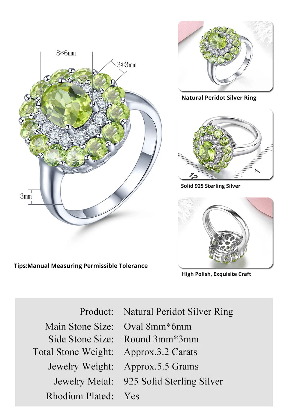 Natural Peridot Sterling Silver Rings 3.2 Carats Genuine Gemstone Birthstone Elegant Romantic Style Fine Jewelrys Christmas Gift