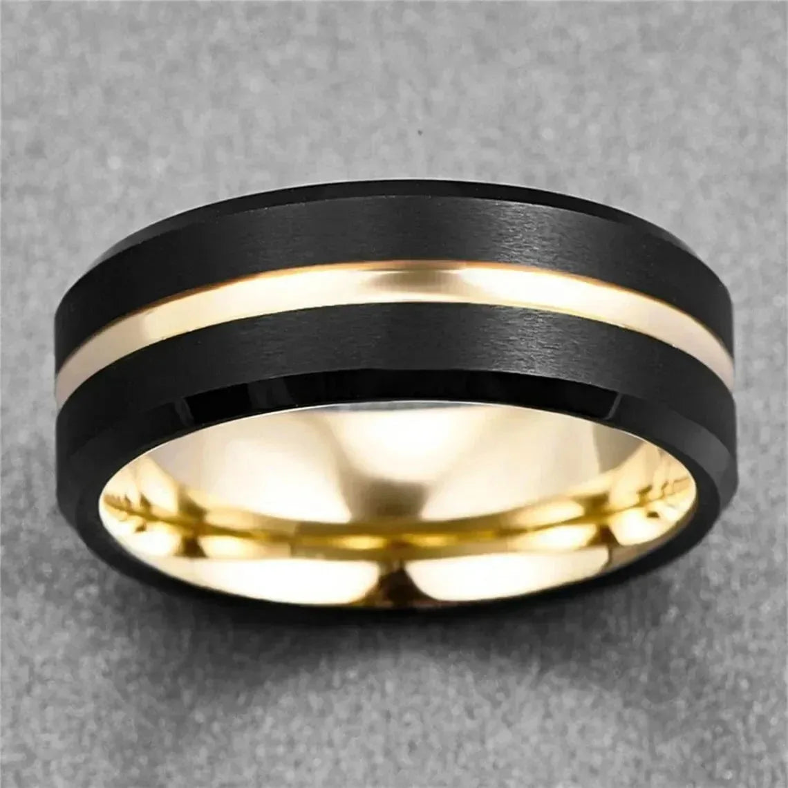 Trendy 8mm Men Stainless Steel Rings Black Brushed Gold Color Groove Beveled Edge Engagement Ring Men Wedding Jewelry Wholesale