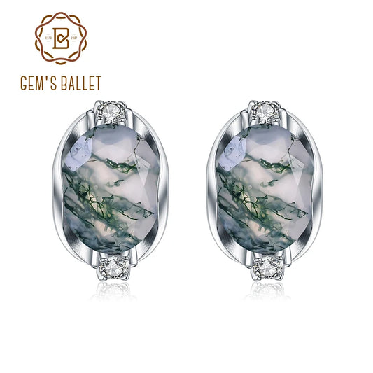 GEM'S BALLET Dainty Gemstone Earrings 8X10mm Oval Natural Moss Agate Studs Earrings in 925 Sterling Silver Gift For Her