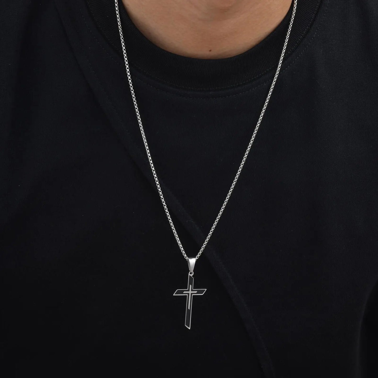 Vnox Simple Cross Pendant Necklace for Men Boys, Trendy Stainless Steel Box Chain Necklaces, Religious Talisman Anniversary Gift