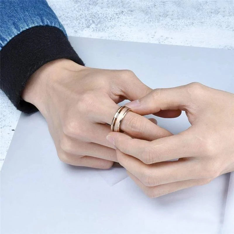 Fashion 8mm Men Stainless Steel Ring Rose Gold Color Brushed Wood Inlay Rings for Men Women Wedding Band Jewelry Birthday Gifts