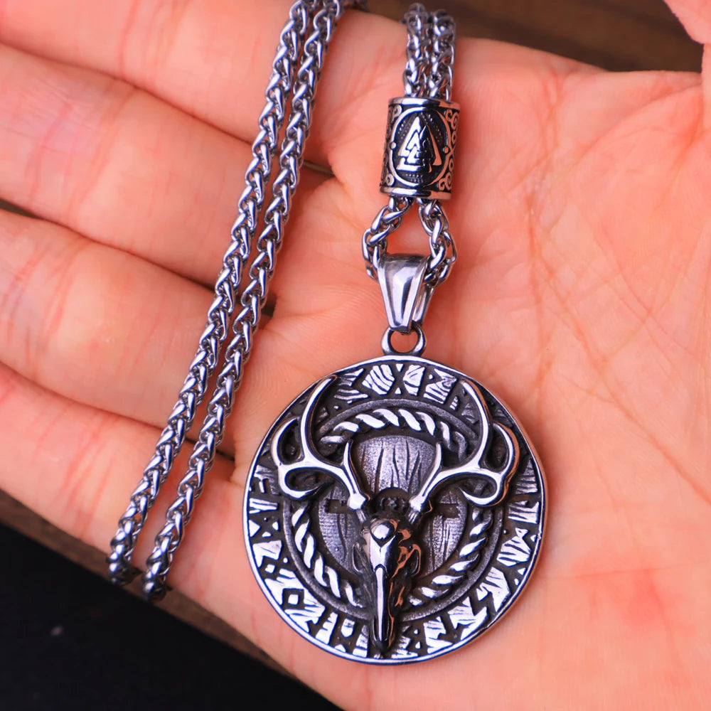 Vintage Viking Elk Skull Pendant Necklace Stainless Steel Norse Odin Viking Rune Necklace for Men Biker Amulet Jewelry Wholesale