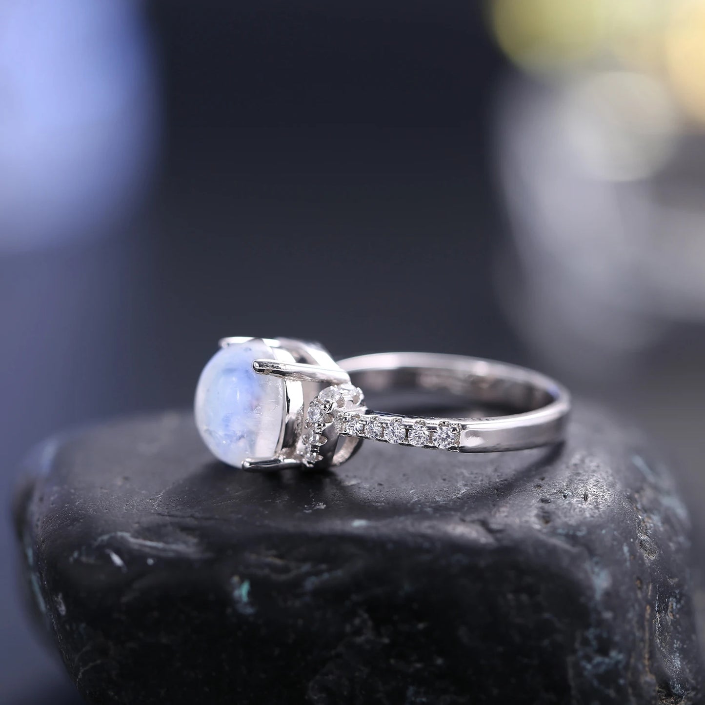 GEM'S BALLET 9mm Round Natural Milky Blue Moonstone Gemstone Ring in 925 Sterling Silver Birthstone Dainty Ring Gift For Her