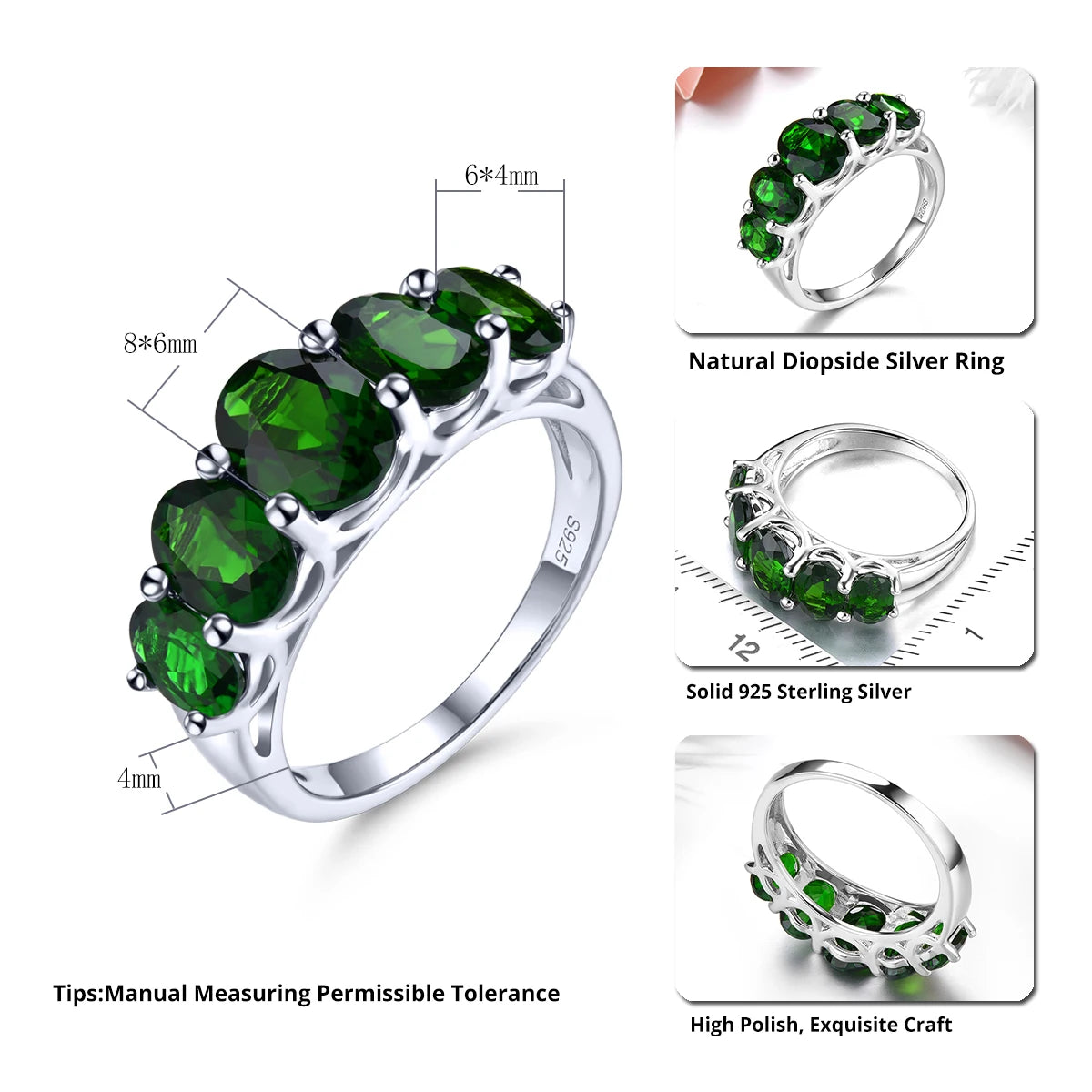 Natural Chrome Diopside Solid Silver Rings 3.8 Carats Oval Faced Cut Classic Luxury Style Gifts for Mother Family Members