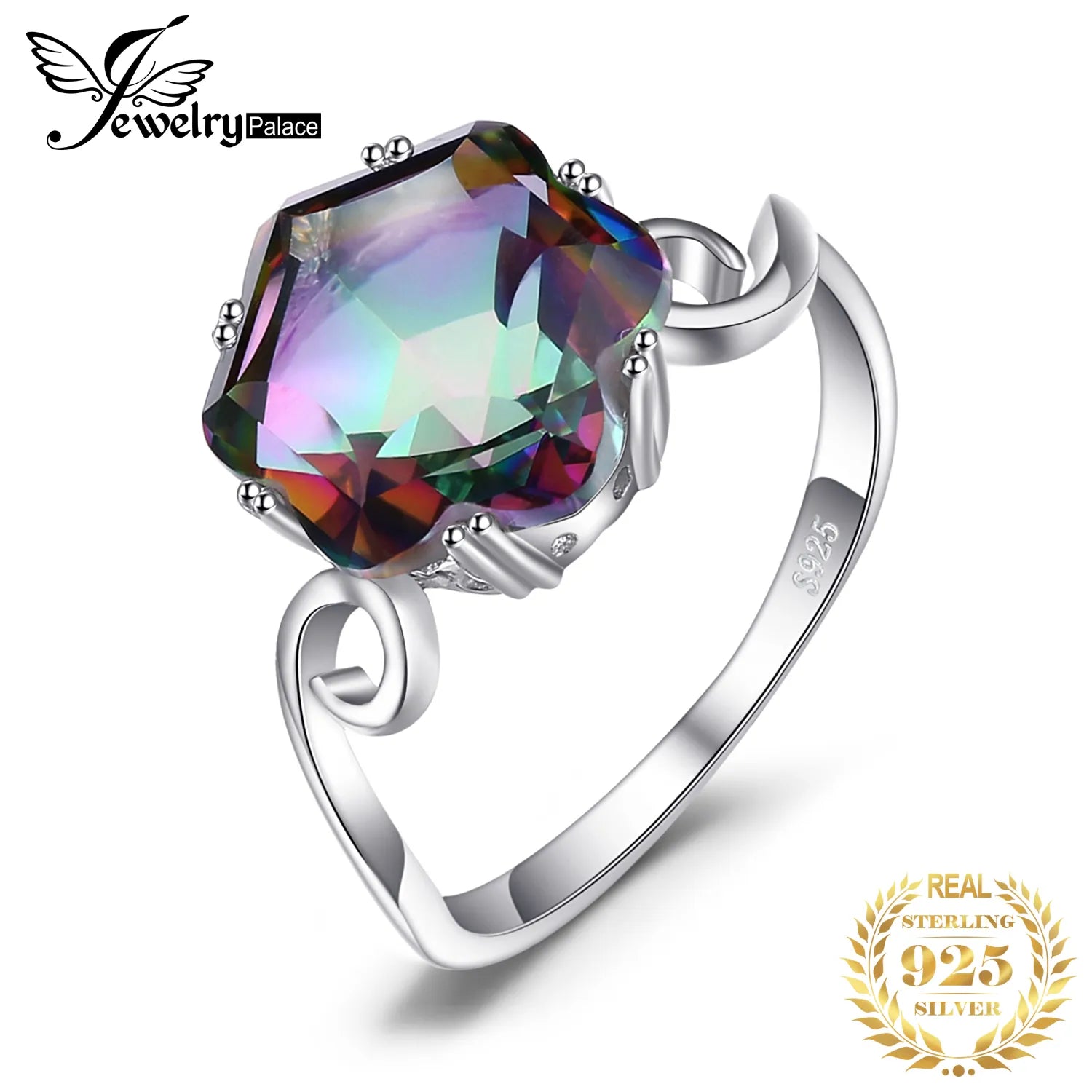 JewelryPalace Flower Genuine Natural Rainbow Mystic Quartz 925 Sterling Silver Rings Women Fashion Statement Gemstone Jewelry China