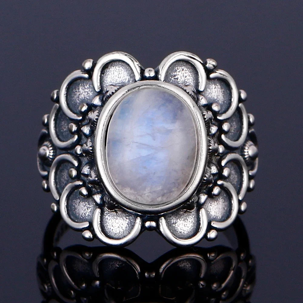 Round Oval Big Natural Moonstones Rings Women's 925 Sterling Silver Rings Gifts Vintage Fine Jewelry R536MS-5