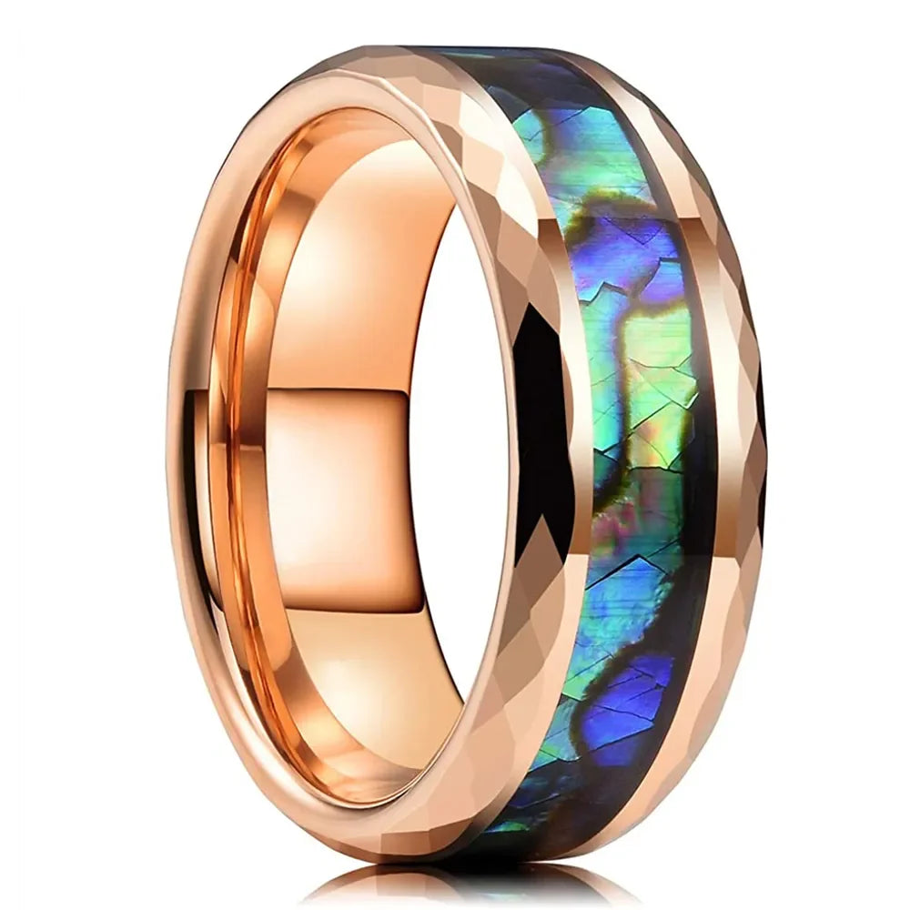 Fashion 8MM Rose Gold Color Stainless Steel Rings For Men Women Colorful Abalone Shell  Inlaid Men Rings Wedding Party Jewelry