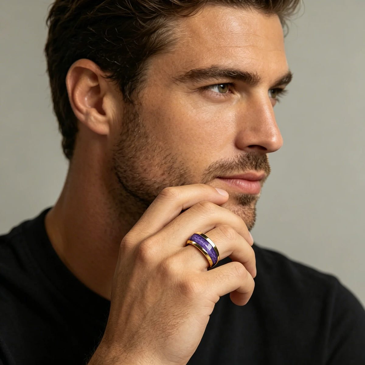 WitPurple Agate Stone Inlay Fashion Men's Stainless Steel Rings Jewelry Suitable for Daily Wear, Gift for Him Non-Fade