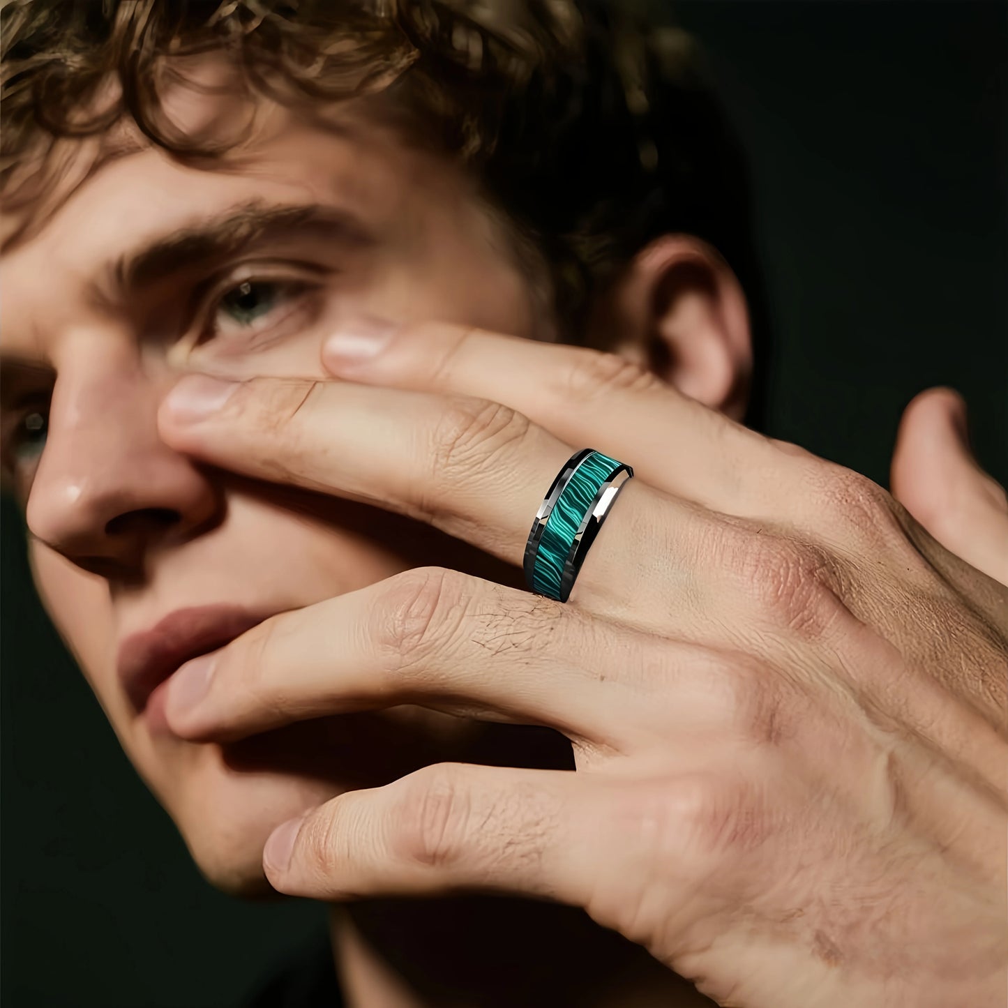 8MM Imitation of Peacock Stone Inlay Men's Stainless Steel Rings Silver Color Wedding Band Jewelry for Men Steel Ring