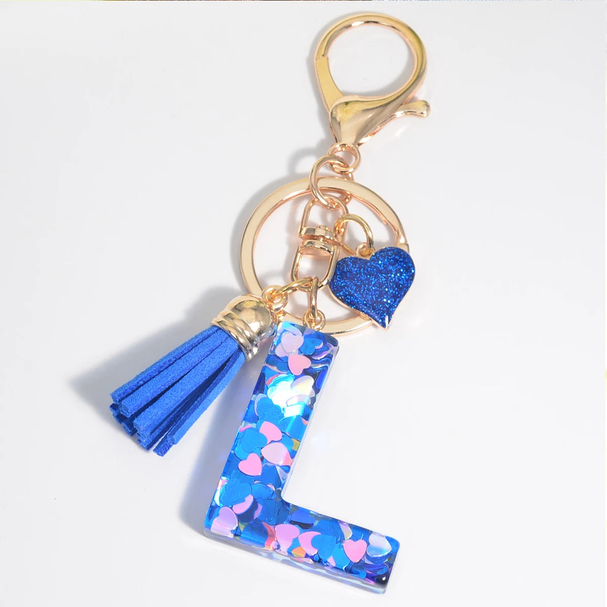 26 Initials Letter Key Pendant with Blue Tassel Alloy Love Fashion Girls Handbag Glitter Gradient Resin Alphabet Keychain Charms L CHINA