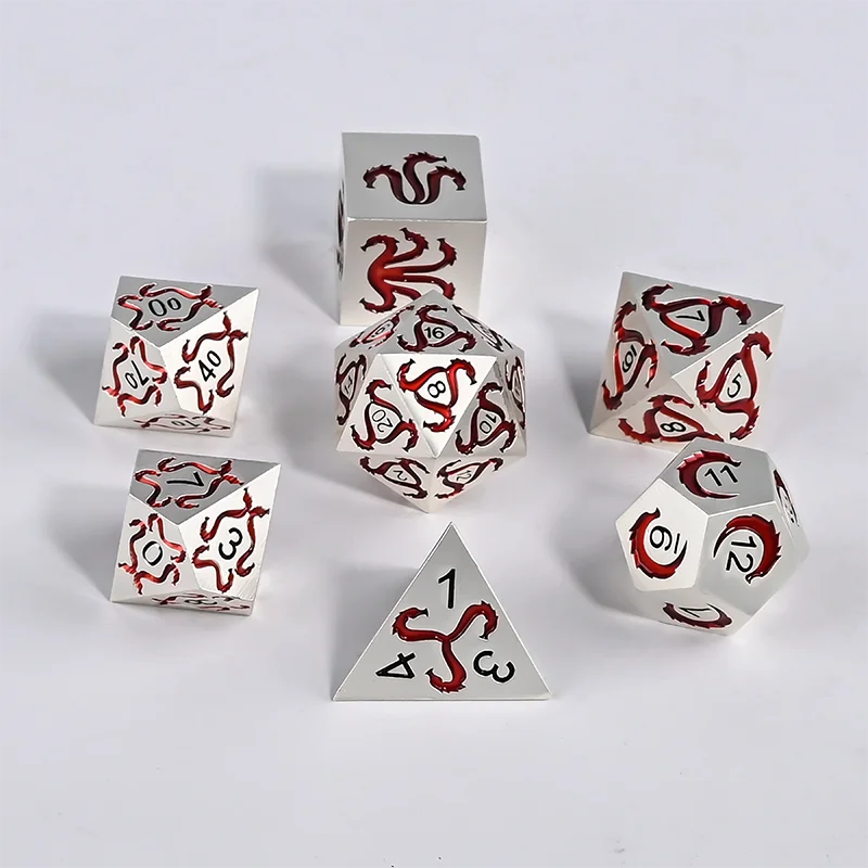 DND Polyhedron Dice Set Handmade dice set with dragon motifs for DND RPG Roleplaying games and TRPG games White-Red