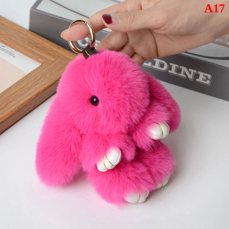 Rabbit Keychain Ring Fluffy Real Fur Pompon Bunny Trinket Key Chain Charm Cute Key Ring On Bag Car Key Pendant Rose red