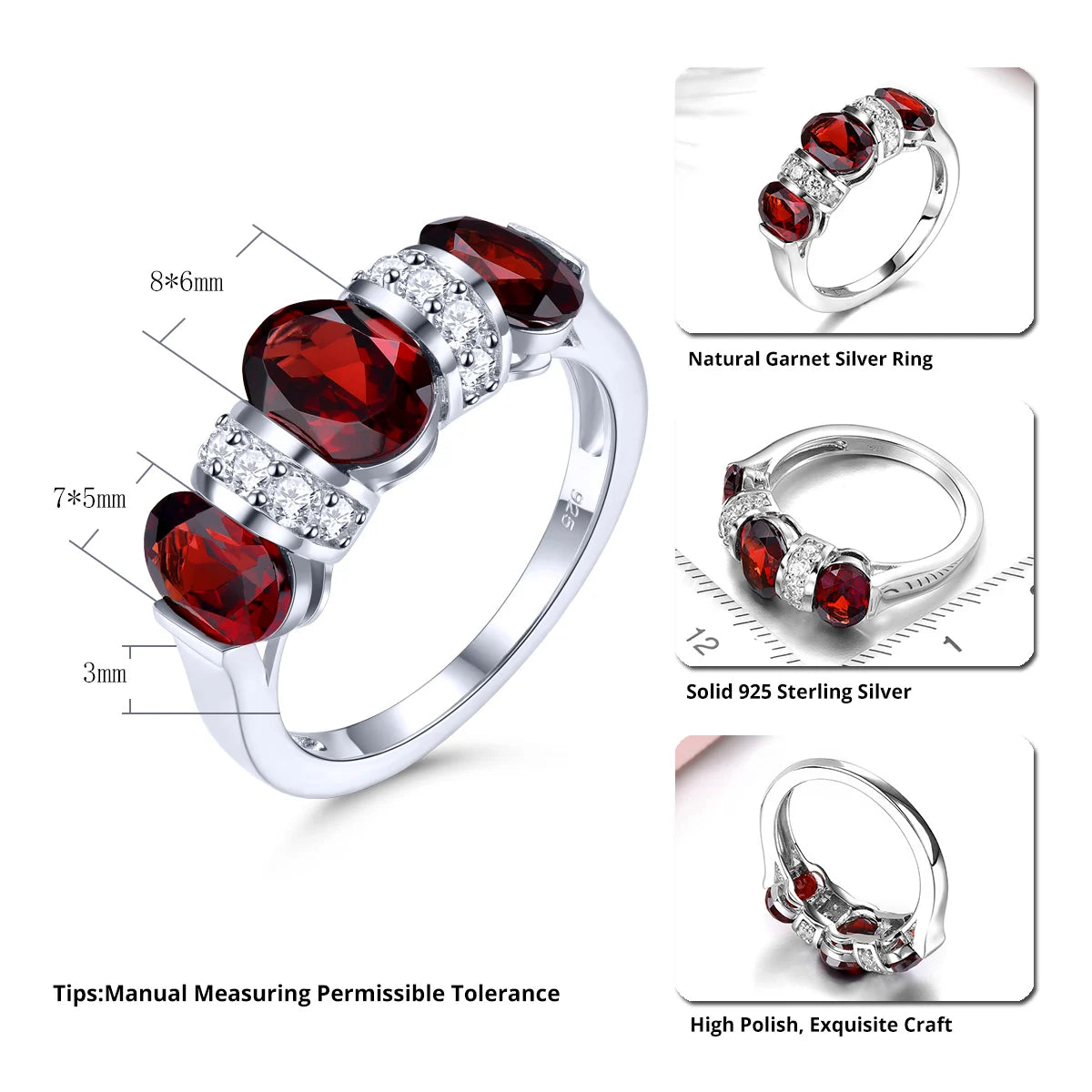 Natural Red Garnet Sterling Silver Rings 3.8 Carats Genuine Gemstone Simple Classic Design Women Birthday Gifts S925 Jewelrys