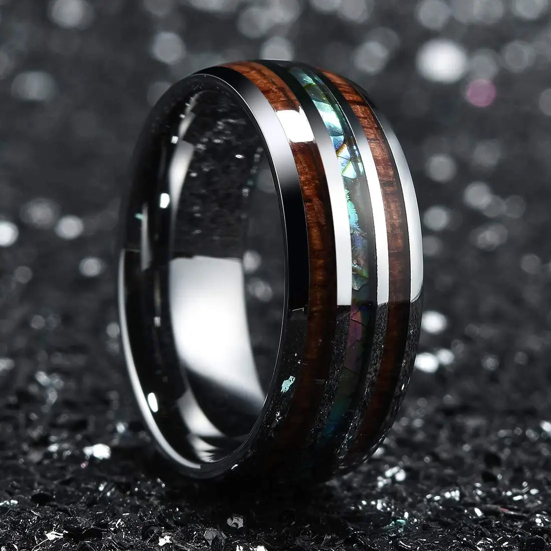 Fashion 8MM Rose Gold Color Stainless Steel Rings For Men Women Colorful Abalone Shell  Inlaid Men Rings Wedding Party Jewelry