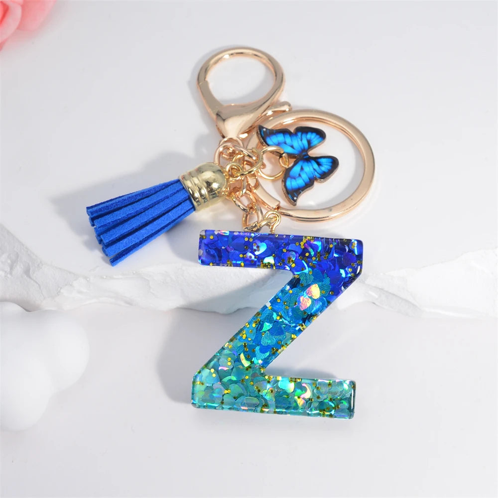 Sea Blue A To Z 26 Letter Keychain Women Wallet Charms 26 Initials Alphabet Butterfly Tassel Pendant With Key Rings Jewelry Gift Z 55mm