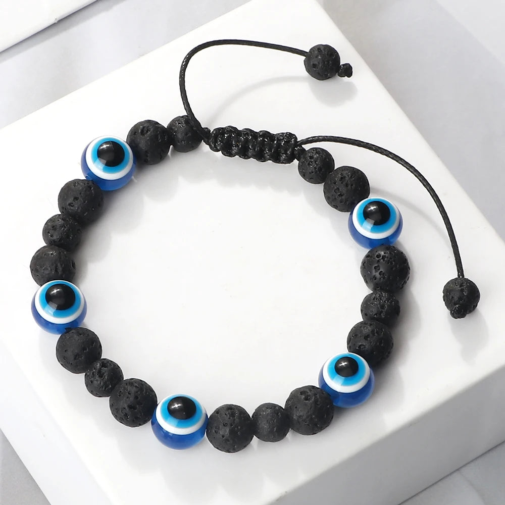 Blue Evil Eye Beaded Bracelets Natural Cat Eye Stone 6 8mm Opal Men Bangles Adjustable Women Bracelet Lucky Yoga Jewelry Gifts