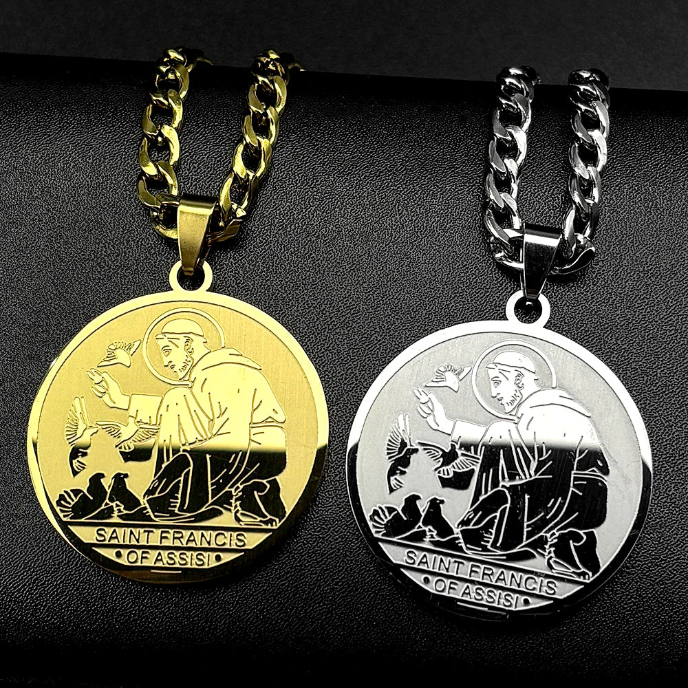 SAINT FRANCIS OF ASSISI PROTECTOR OF ANIMALS Pendant Necklace for Women Men Stainless Steel Christian Medal Chain Jewelry Gift