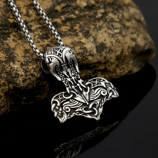 316L Steel Odin Warhammer Necklace for Men - Viking Nordic Amulet, Norse Warrior Pendant Jewelry Gift, Retro Metal Accessories