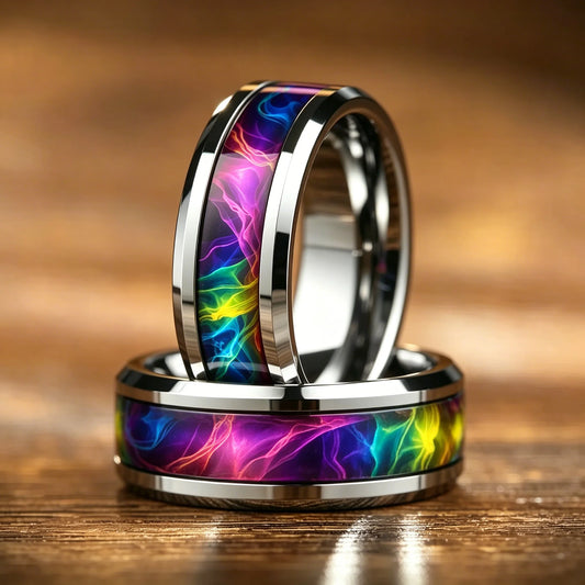 Men Stainless Steel Rings, 8mm Galaxy Style Rainbow Gradient Nebula Inlay Polished Beveled Edge Rings for Men Wedding Bands