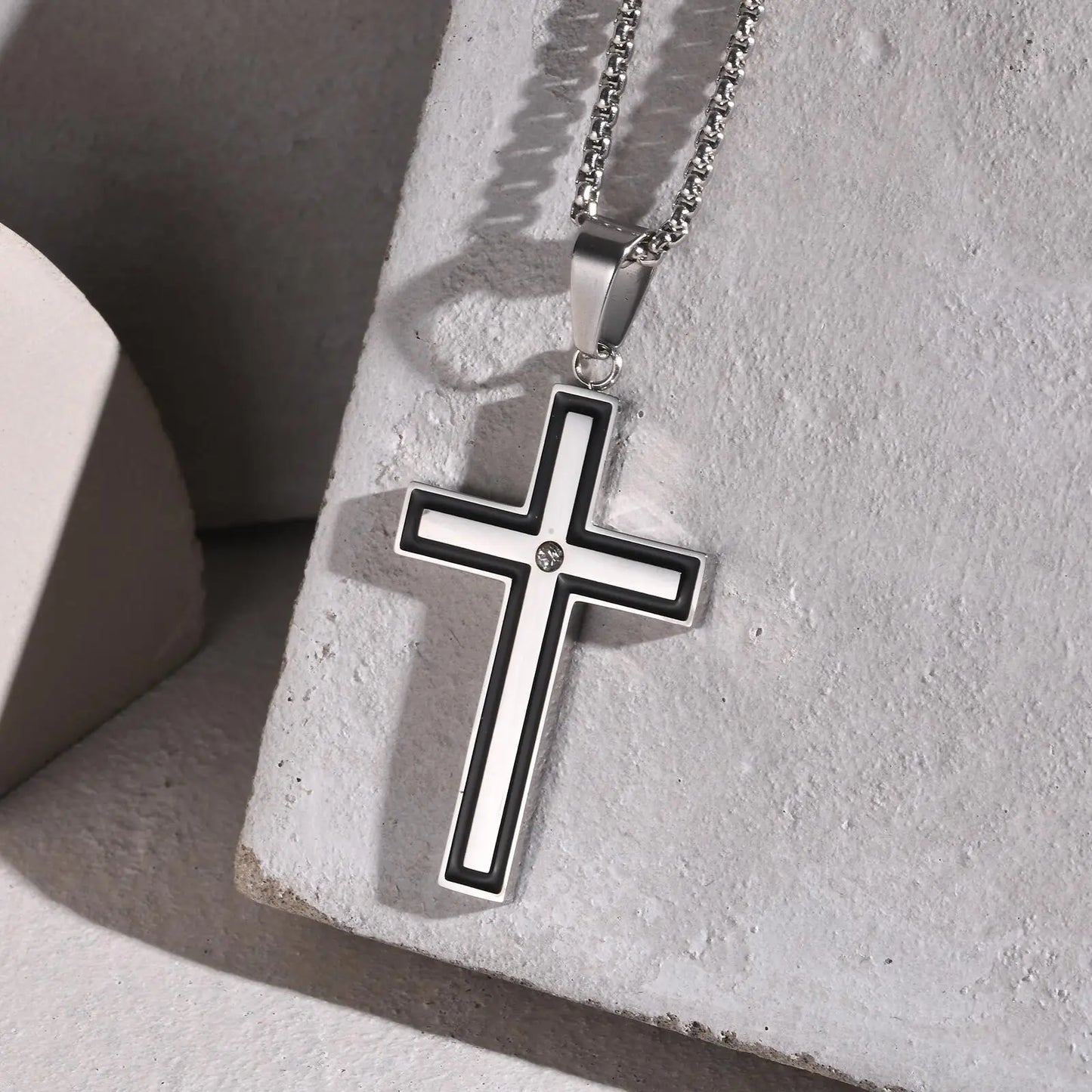 Mens Stainless Steel Cross Necklaces,Cross Center Zircon Pendant Collars with Black Glue Edge,Stylish Classic Jewelry Gifts
