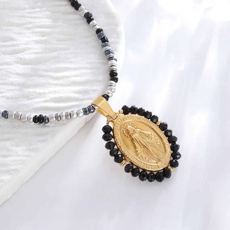 Classic Catholic Virgin Mary Square Pendant Necklace for Men Women Christian Religious Prayer Amulets Jewelry Gifts