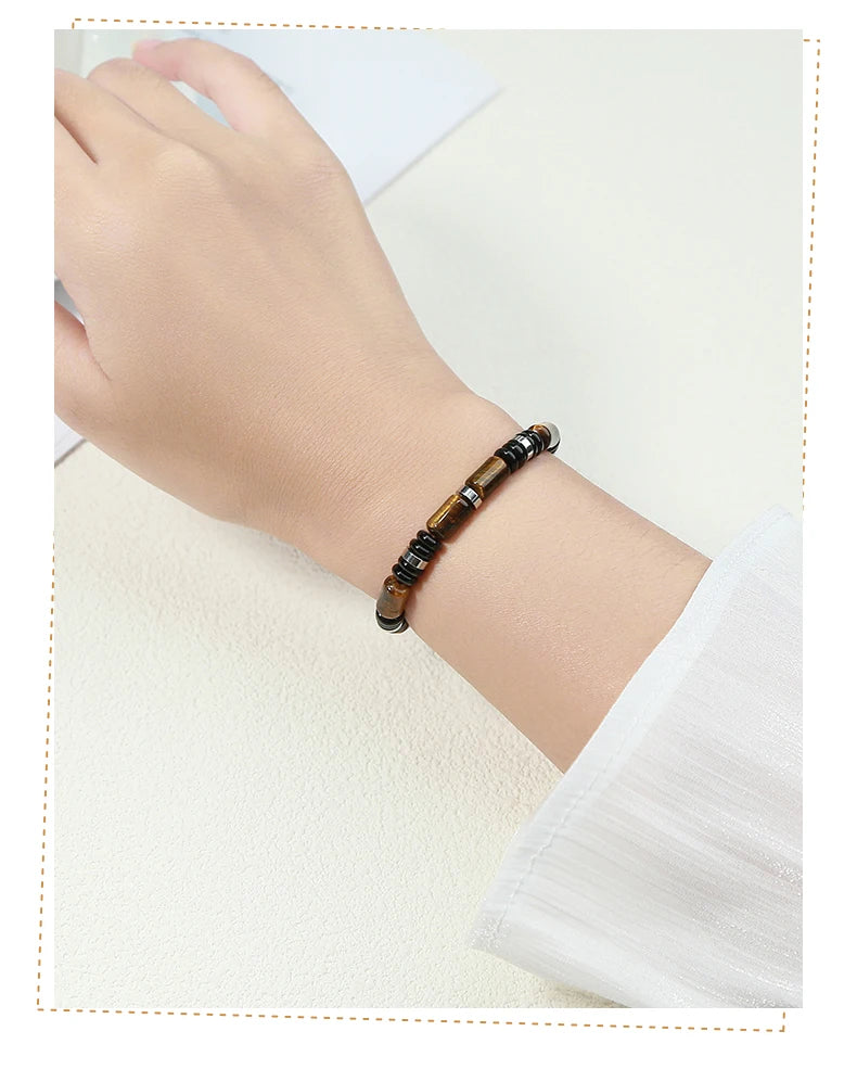 JD Natural Yellow Tiger Eye Stone Tube Shape Bracelets for Women Men Classic Stainless Steel Elastic Bangles Yoga Energy Gifts