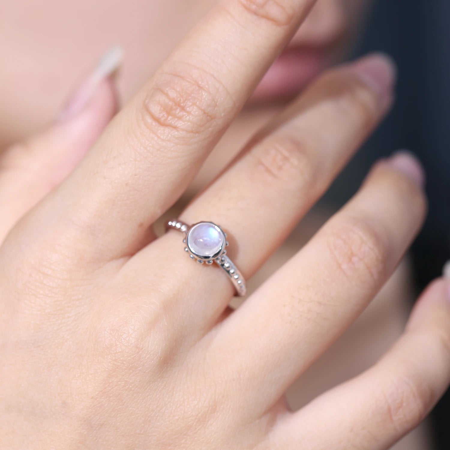 GEM'S BALLET Textured Milky Blue Moonstone Ring in 925 Sterling Silver, Stylish Gemstone Ring, Moonstone Jewellery, Gift for Her