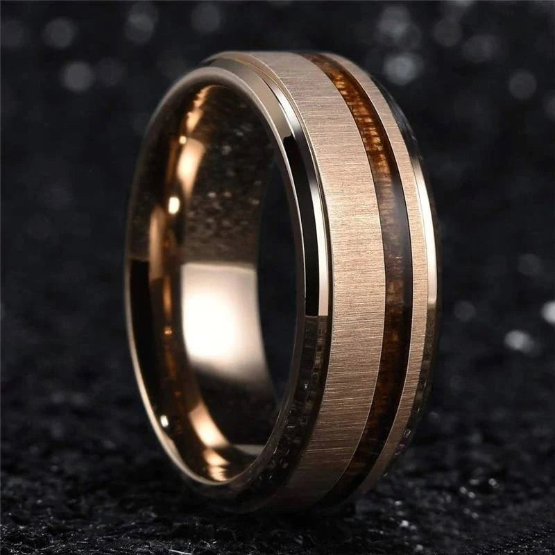 Fashion 8mm Men Stainless Steel Ring Rose Gold Color Brushed Wood Inlay Rings for Men Women Wedding Band Jewelry Birthday Gifts