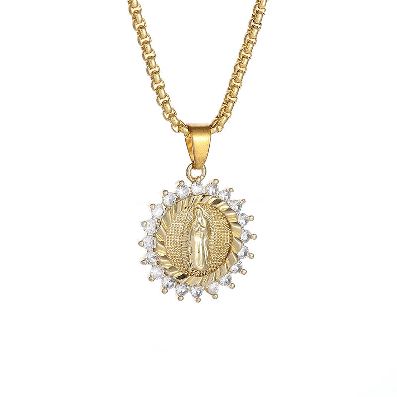 Classic Catholic Virgin Mary Square Pendant Necklace for Men Women Christian Religious Prayer Amulets Jewelry Gifts