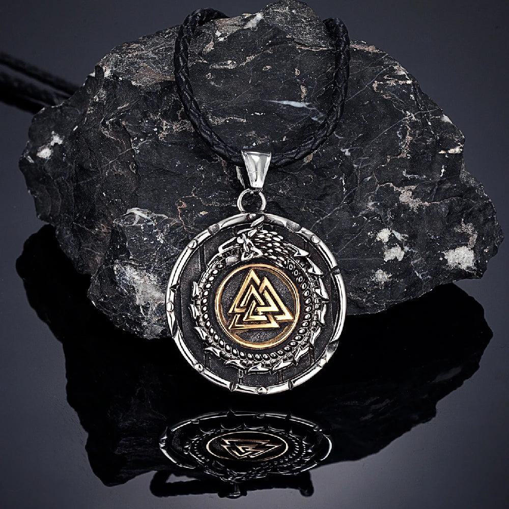 Vikings Ouroboros Dragon Necklace Men Stainless Steel Norse Runes Triangle Pendant Amulet Scandinavian Jewelry Vintage Male Gift