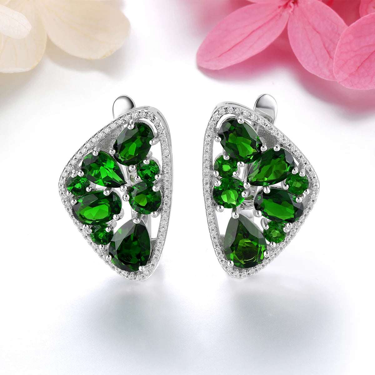 Natural Green Diopside Sterling Silver Clip Earring 6 Carats Deep Green Gemstone Unique Original Fine Jewelry Design Gifts